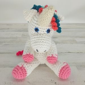 Handmade Crochet White Unicorn Rainbow Soft Cute Plush Blue Eyes